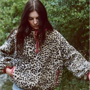 THE GREAT. Leopard Print Teddy Jacket with Red Details